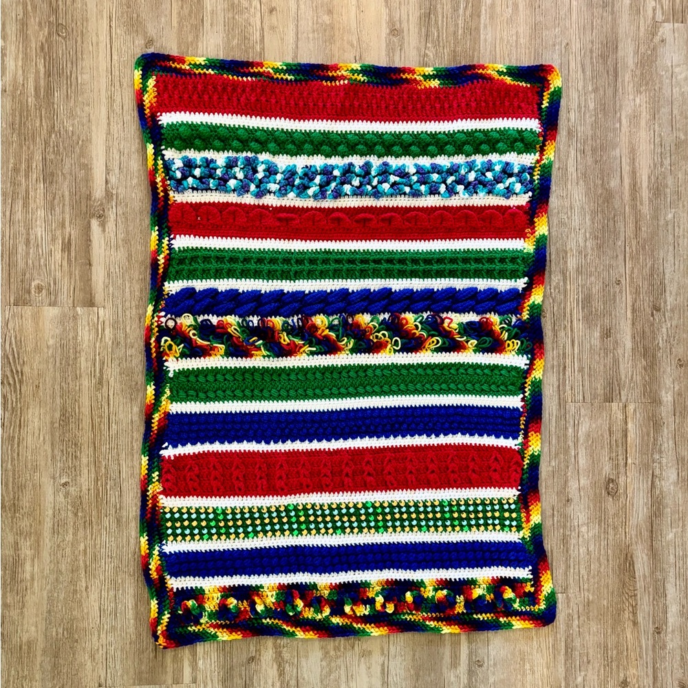 Handmade Lap Throw Blanket Colorful Textures  Striped Crochet Cotton 36x25
